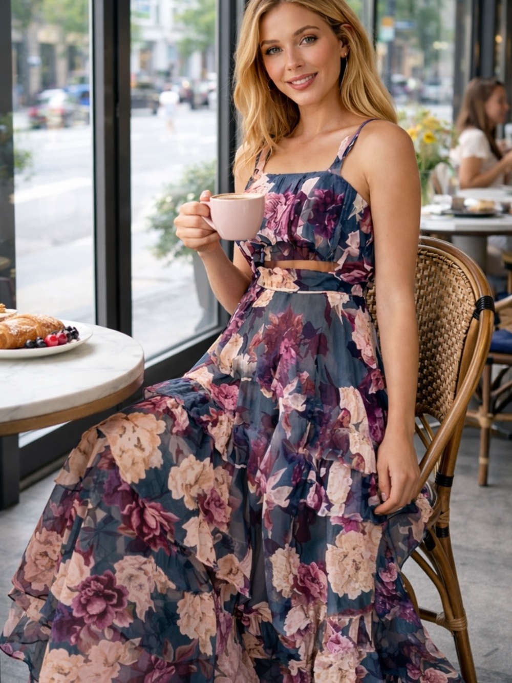 Floral Maxi Dress Tiered Sleeveless Romantic Summer Garden Party L - Picture 7 of 8